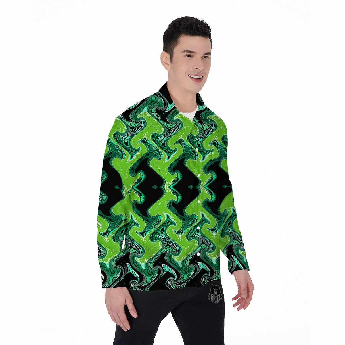 Psychedelic Wave Liquid Green Print Men's Long Sleeve Shirts-grizzshop