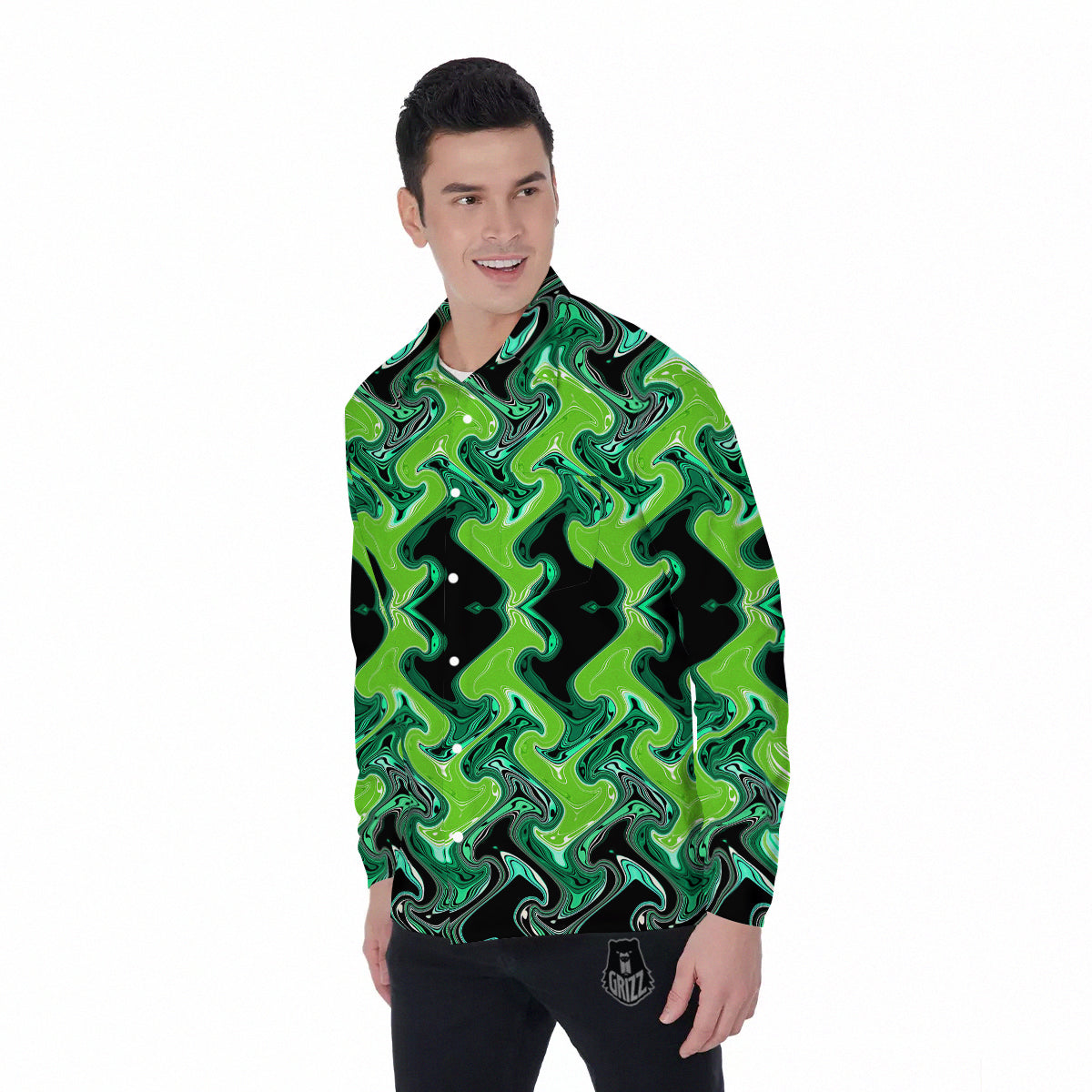 Psychedelic Wave Liquid Green Print Men's Long Sleeve Shirts-grizzshop