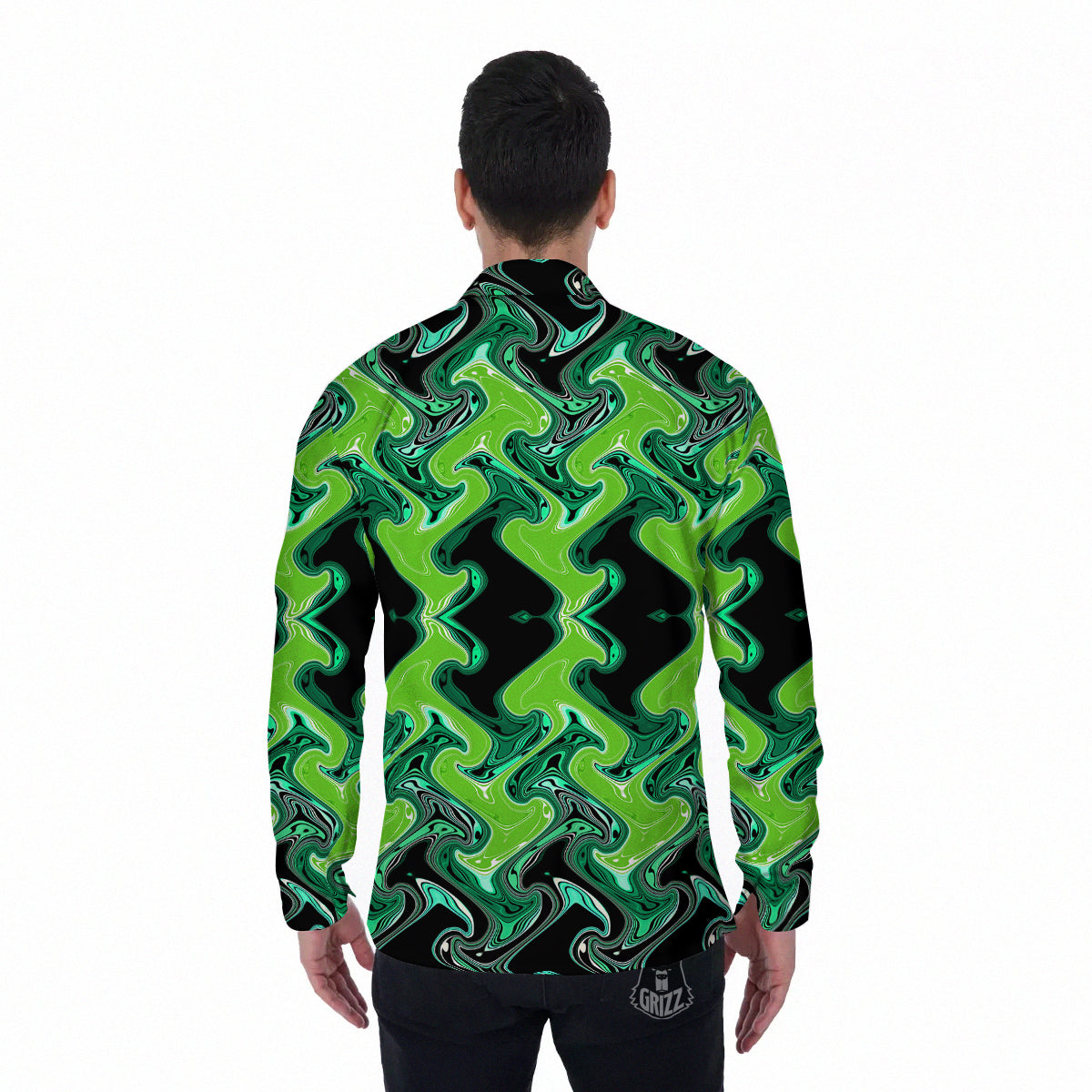 Psychedelic Wave Liquid Green Print Men's Long Sleeve Shirts-grizzshop