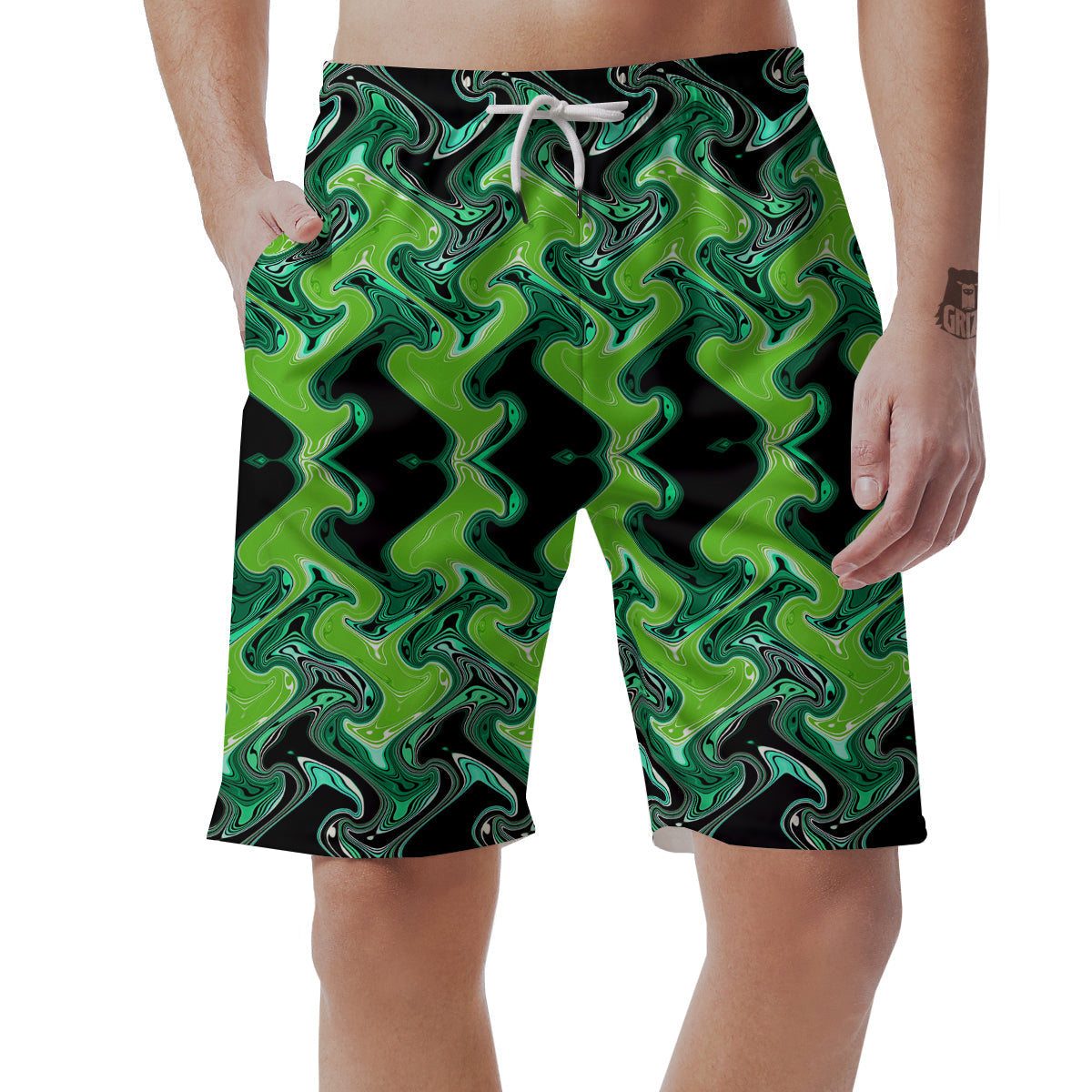 Psychedelic Wave Liquid Green Print Men's Shorts-grizzshop