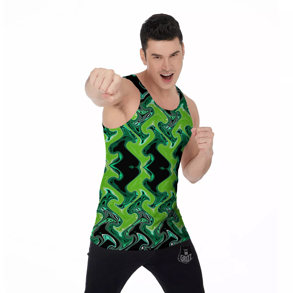 Psychedelic Wave Liquid Green Print Men's Tank Top-grizzshop
