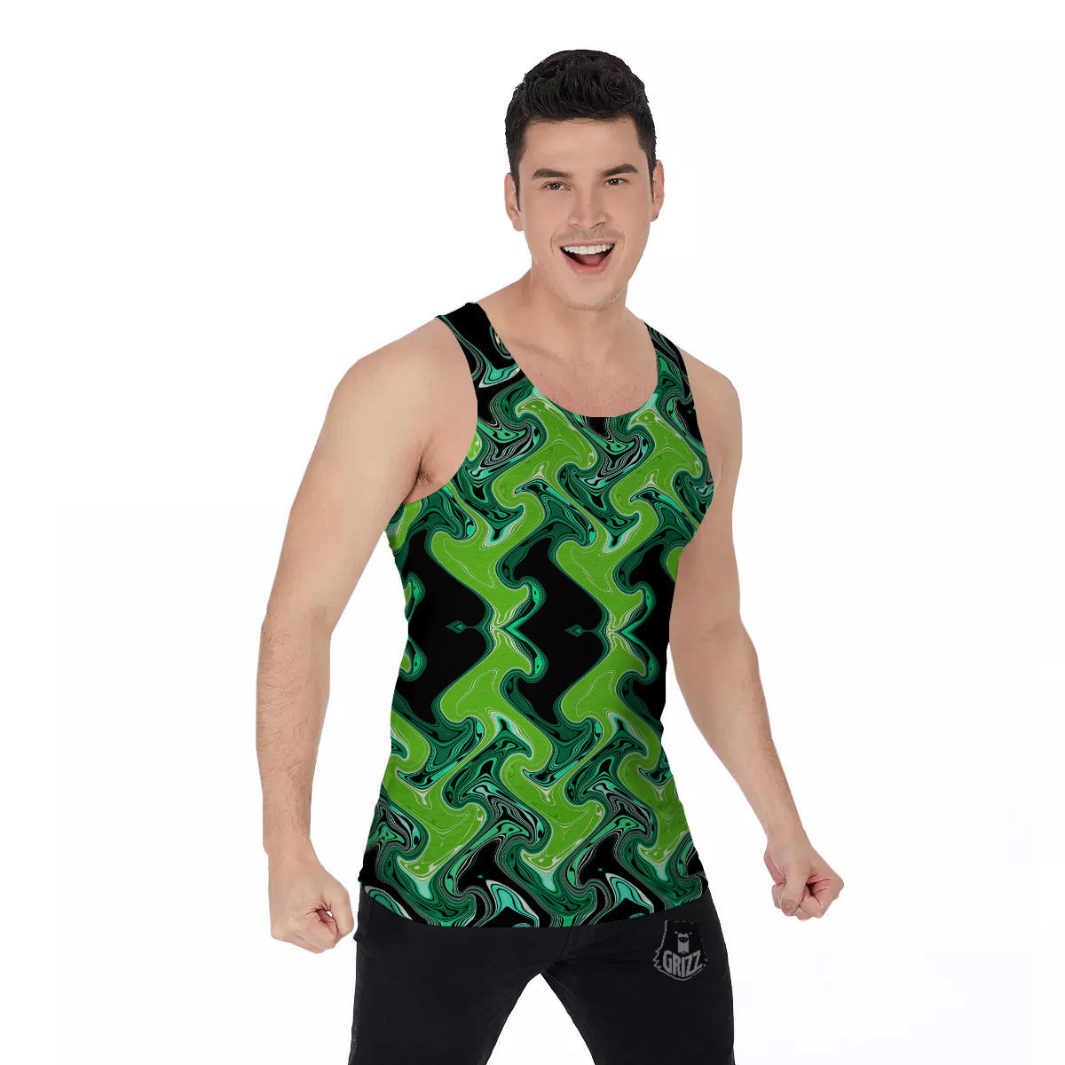 Psychedelic Wave Liquid Green Print Men's Tank Top-grizzshop