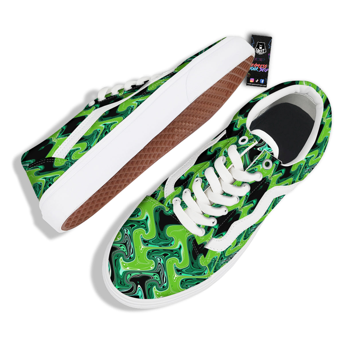 Psychedelic Wave Liquid Green Print Skate Shoes-grizzshop