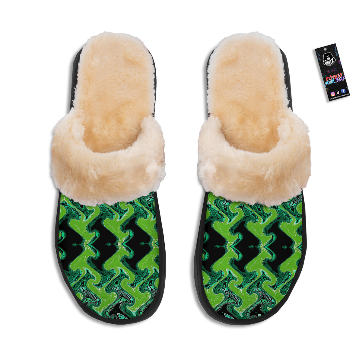 Psychedelic Wave Liquid Green Print Slippers-grizzshop