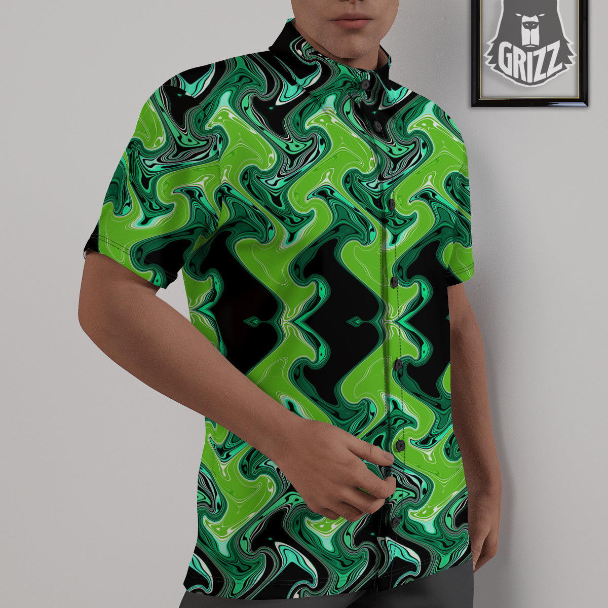 Psychedelic Wave Liquid Green Print Untucked Shirts-grizzshop