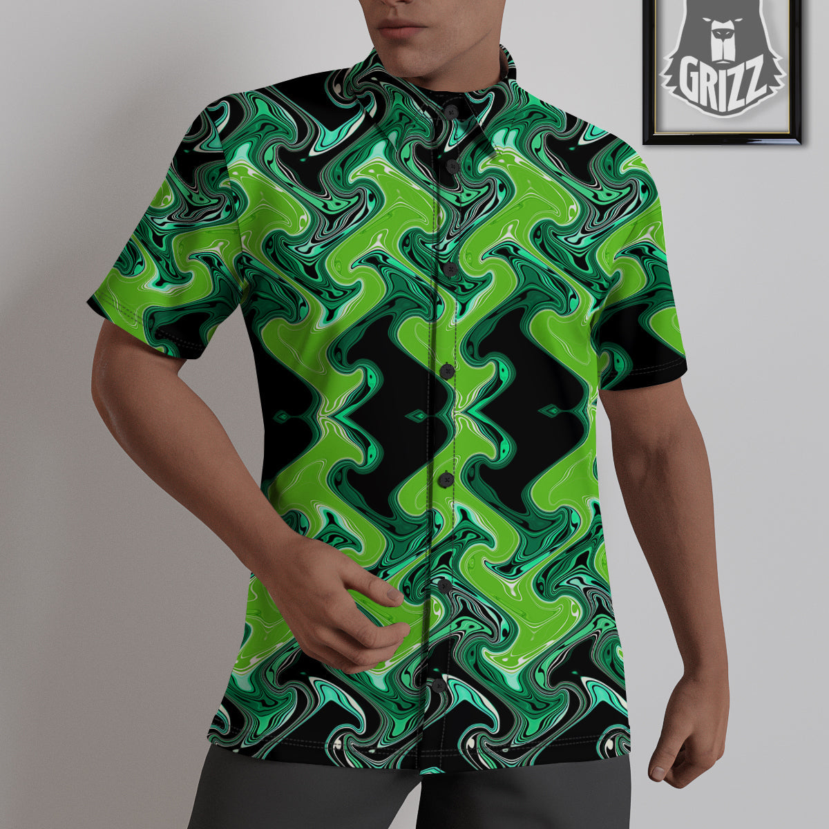 Psychedelic Wave Liquid Green Print Untucked Shirts-grizzshop