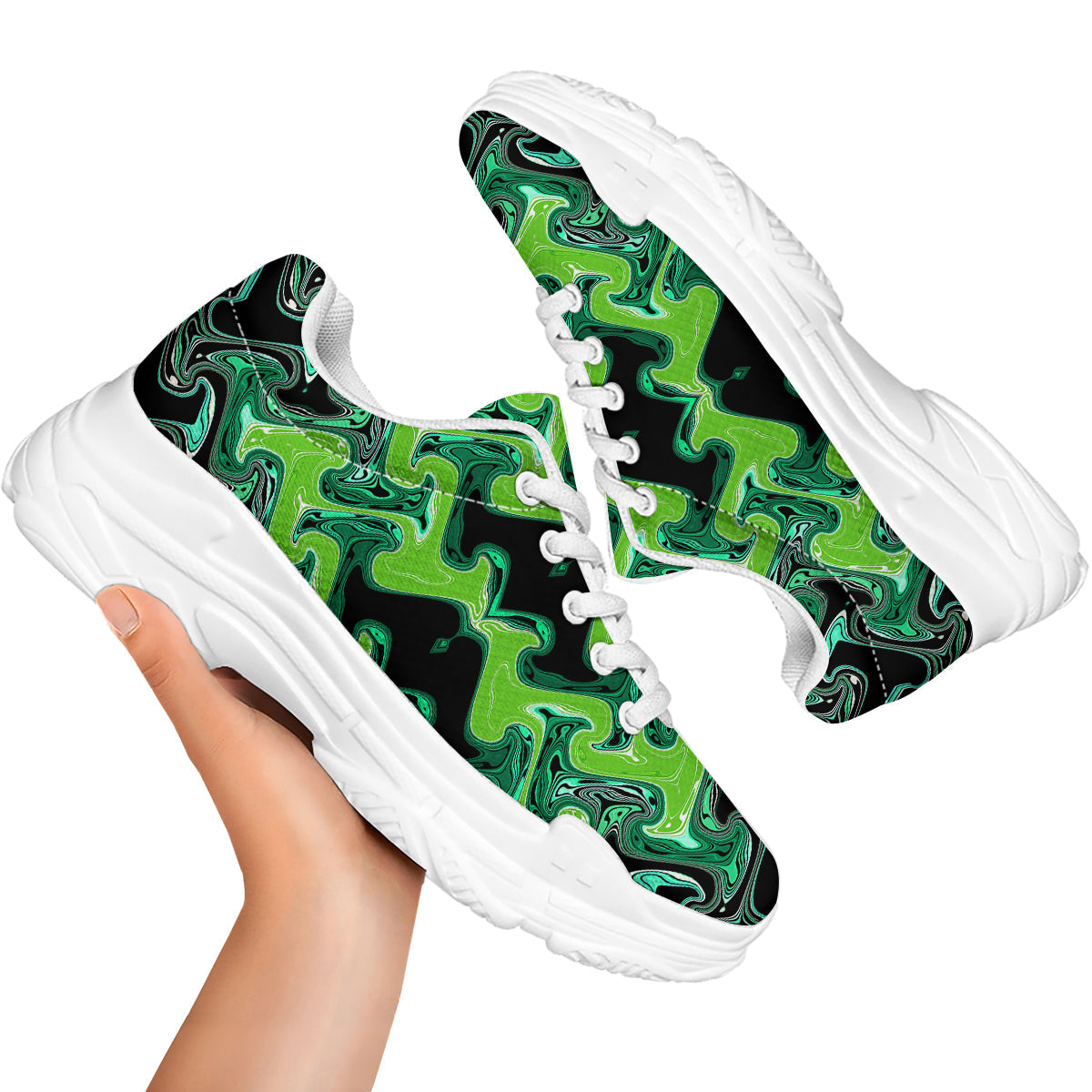 Psychedelic Wave Liquid Green Print White Chunky Shoes-grizzshop
