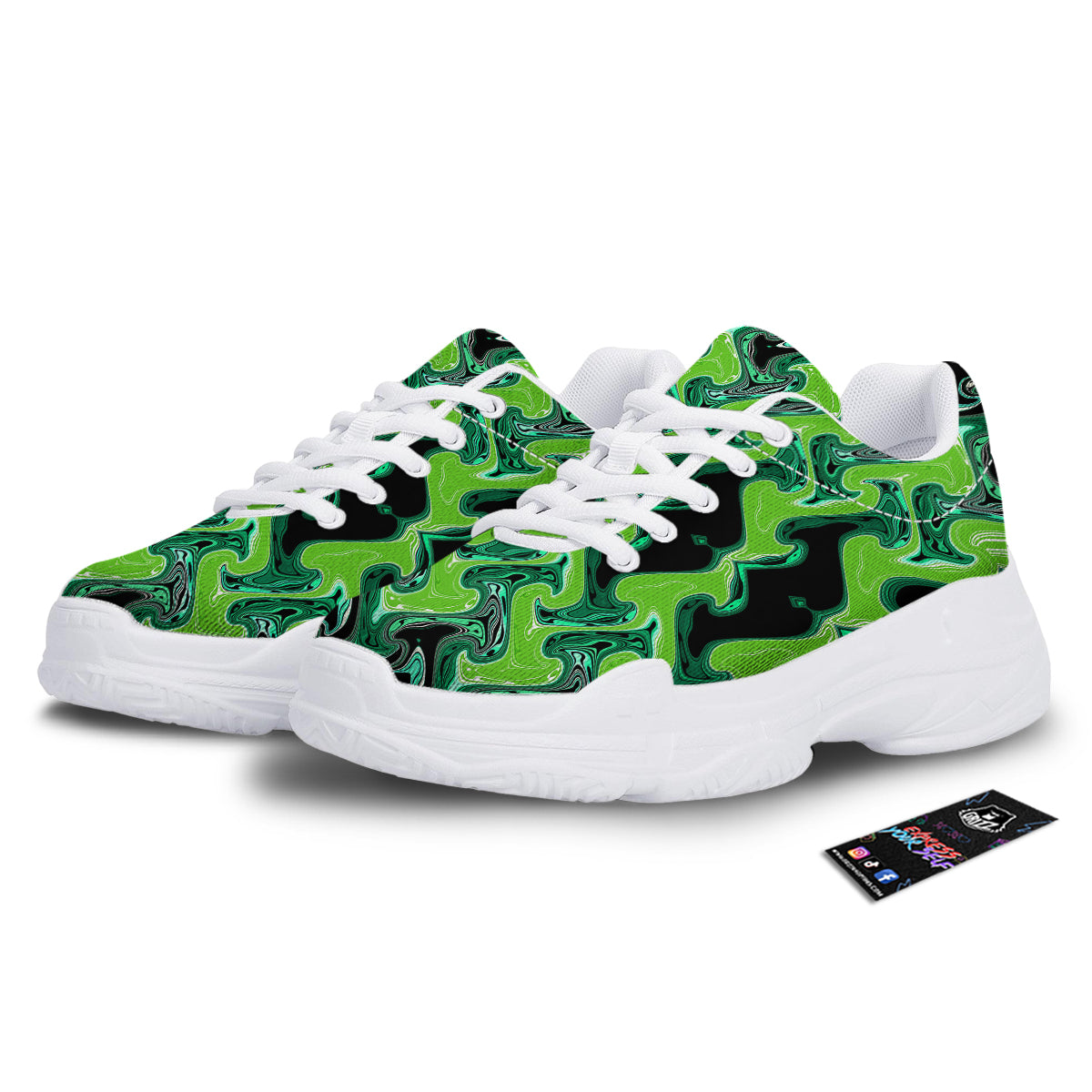 Psychedelic Wave Liquid Green Print White Chunky Shoes-grizzshop