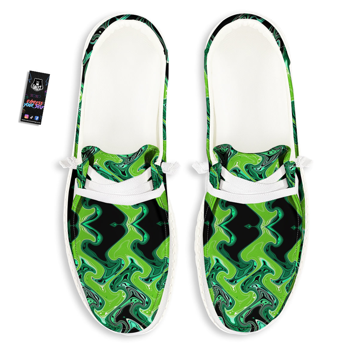 Psychedelic Wave Liquid Green Print White Loafers-grizzshop