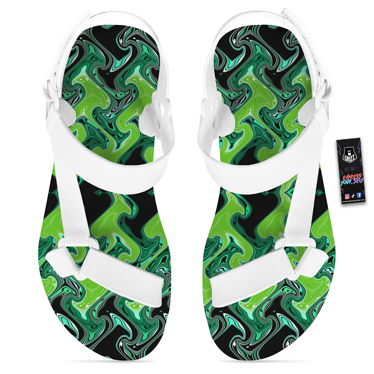 Psychedelic Wave Liquid Green Print White Open Toe Sandals-grizzshop