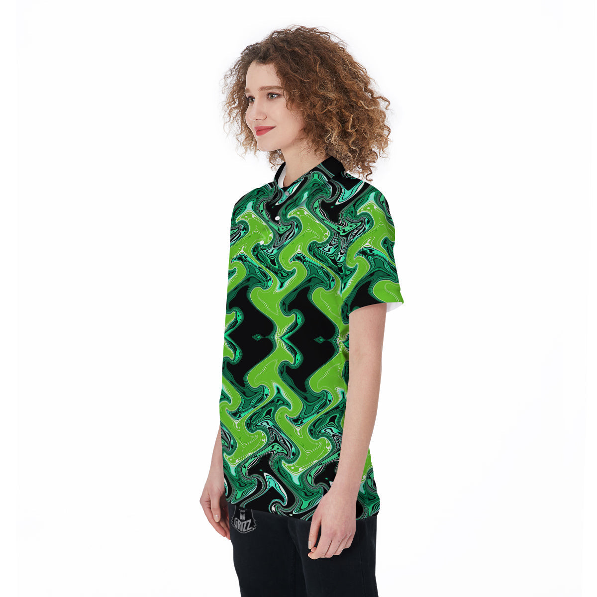 Psychedelic Wave Liquid Green Print Women's Golf Shirts-grizzshop