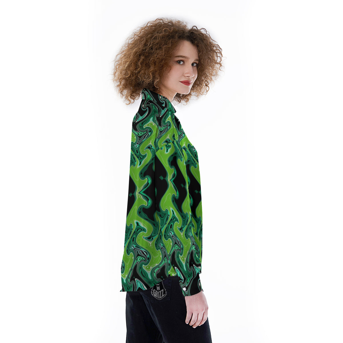 Psychedelic Wave Liquid Green Print Women's Long Sleeve Shirts-grizzshop