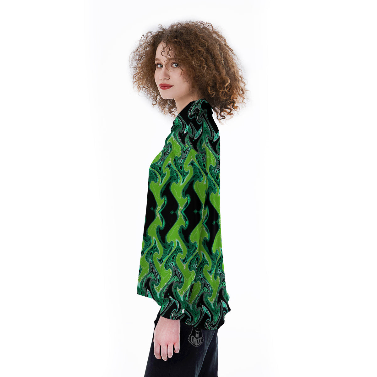 Psychedelic Wave Liquid Green Print Women's Long Sleeve Shirts-grizzshop