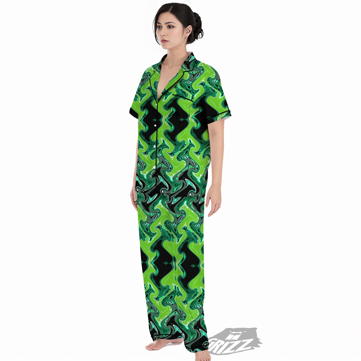 Psychedelic Wave Liquid Green Print Women's Pajamas Set-grizzshop