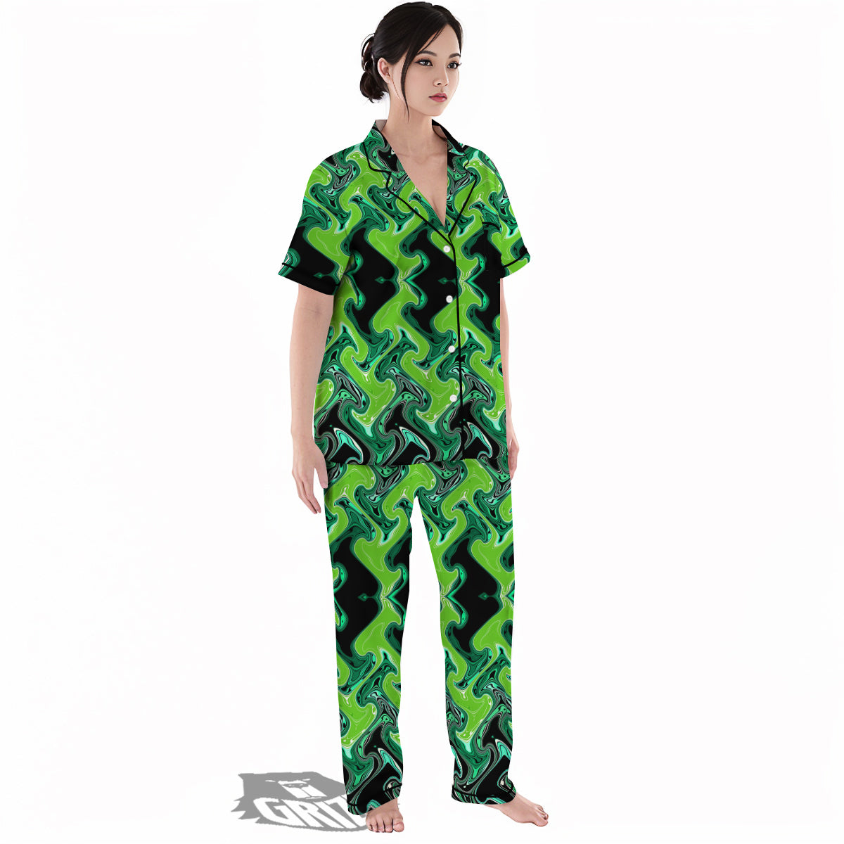 Psychedelic Wave Liquid Green Print Women's Pajamas Set-grizzshop