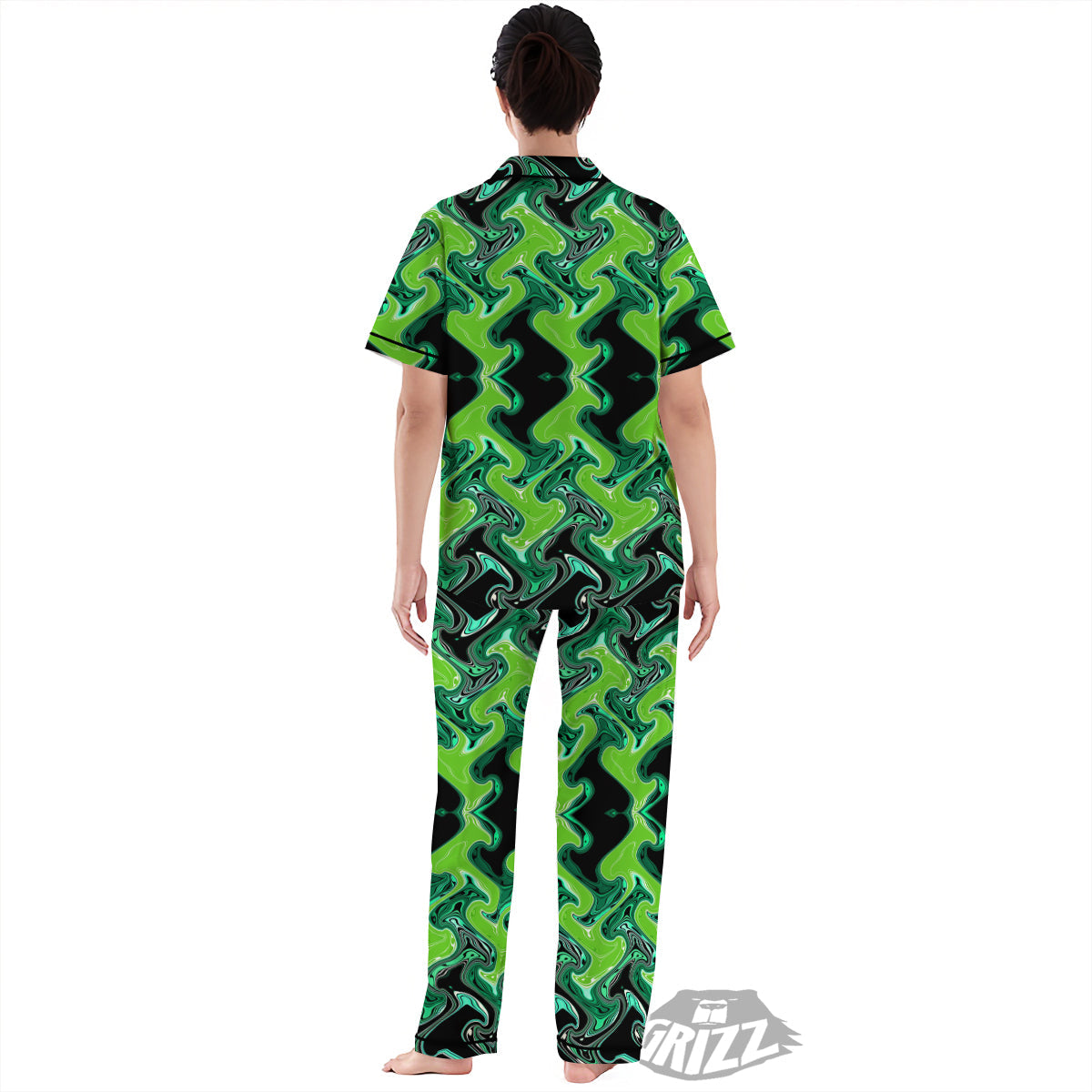 Psychedelic Wave Liquid Green Print Women's Pajamas Set-grizzshop