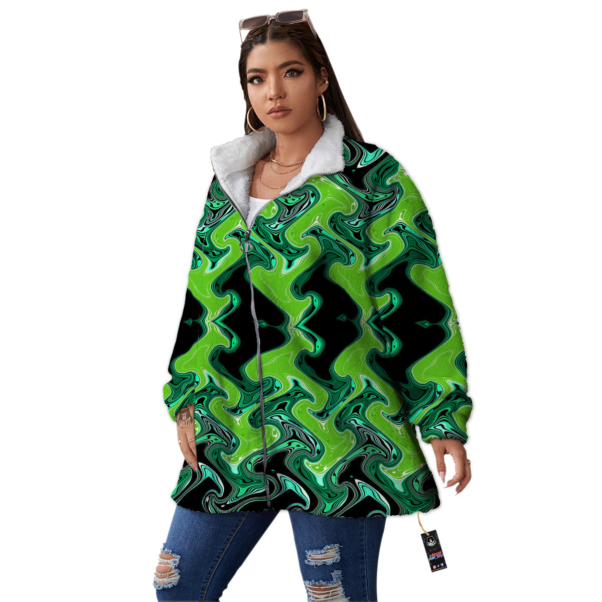 Psychedelic Wave Liquid Green Print Women's Sherpa Jacket-grizzshop
