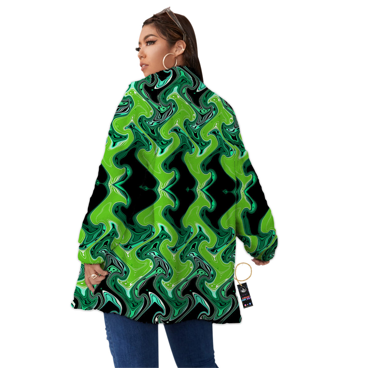 Psychedelic Wave Liquid Green Print Women's Sherpa Jacket-grizzshop