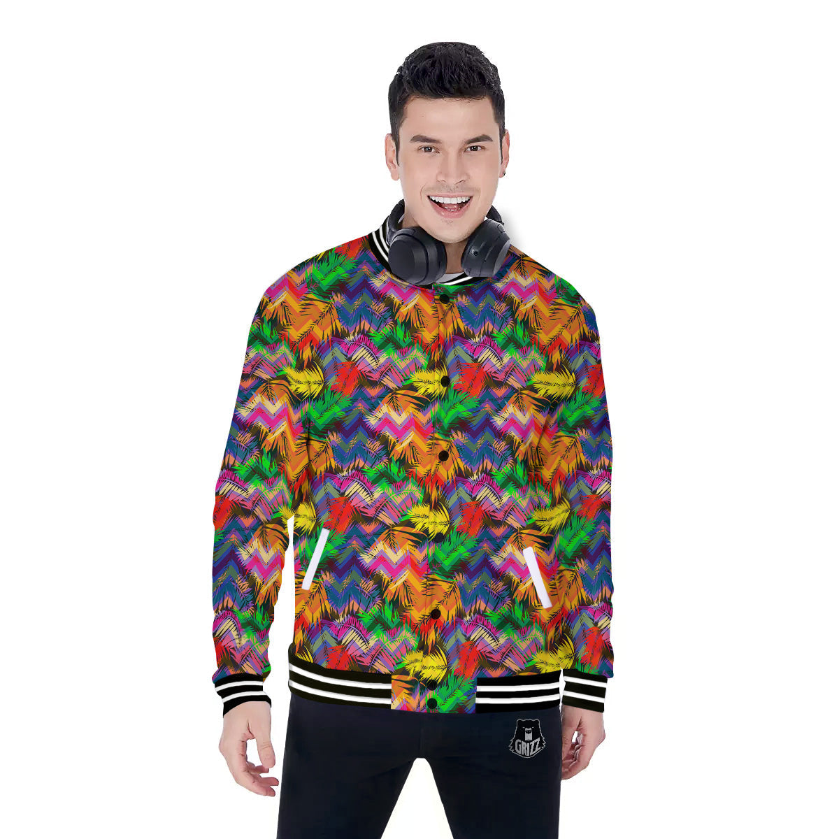 Psychedelic Zigzag Tropical Print Pattern Baseball Jacket-grizzshop