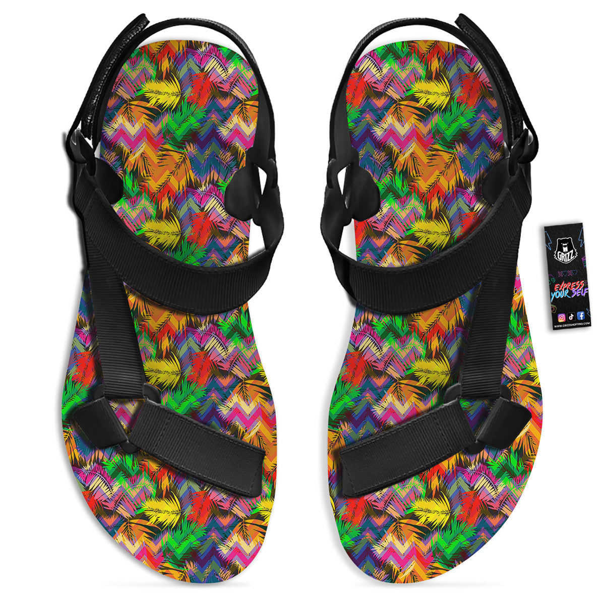 Psychedelic Zigzag Tropical Print Pattern Black Open Toe Sandals-grizzshop