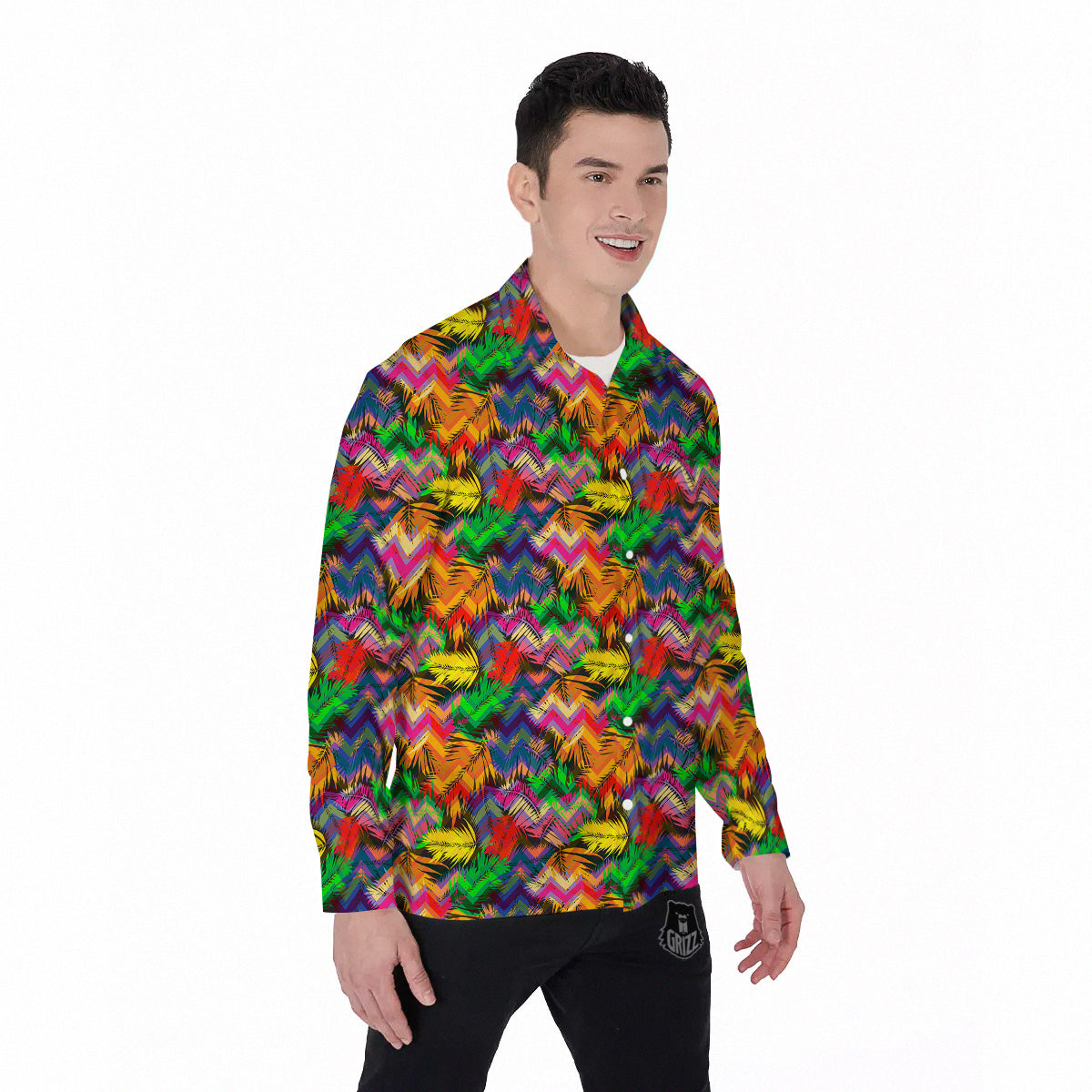 Psychedelic Zigzag Tropical Print Pattern Men's Long Sleeve Shirts-grizzshop