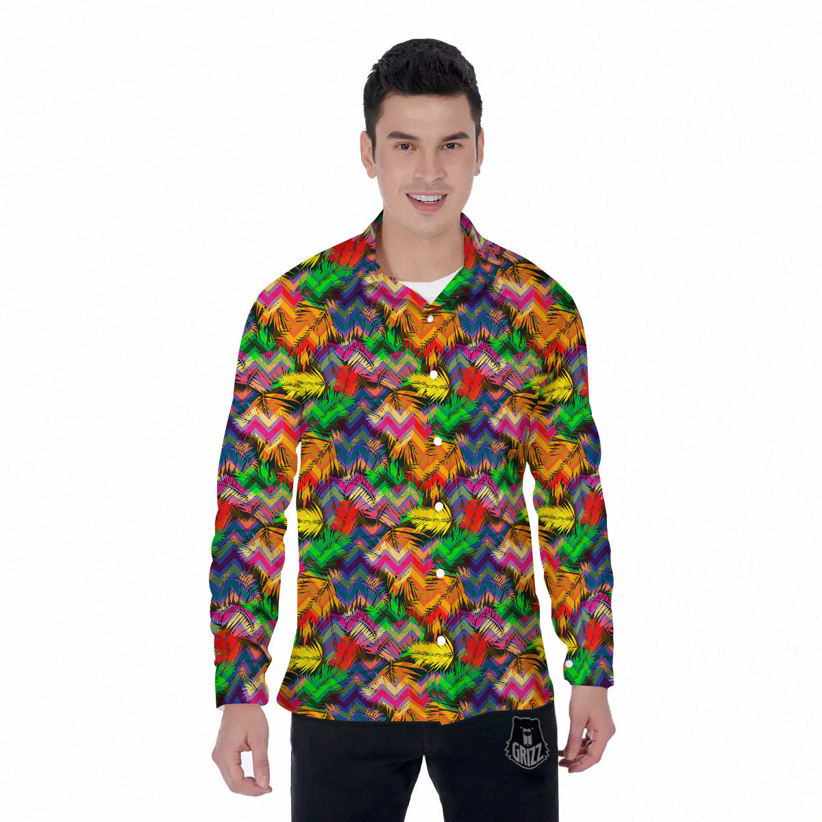 Psychedelic Zigzag Tropical Print Pattern Men's Long Sleeve Shirts-grizzshop