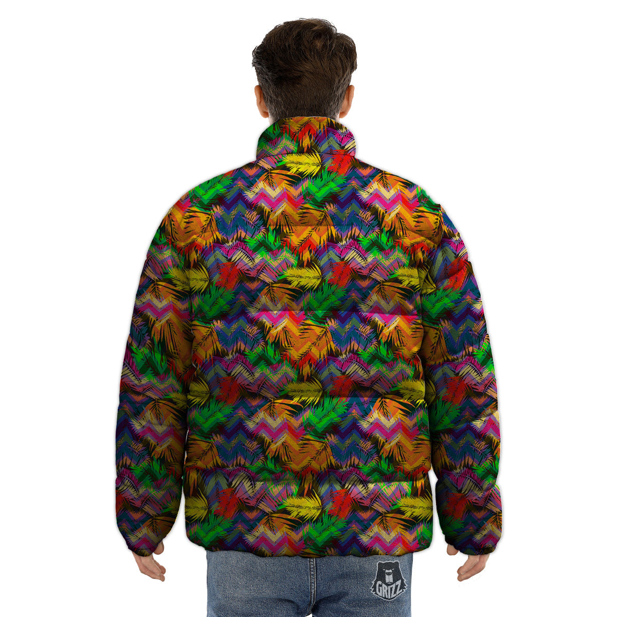Psychedelic Zigzag Tropical Print Pattern Puffer Jacket-grizzshop