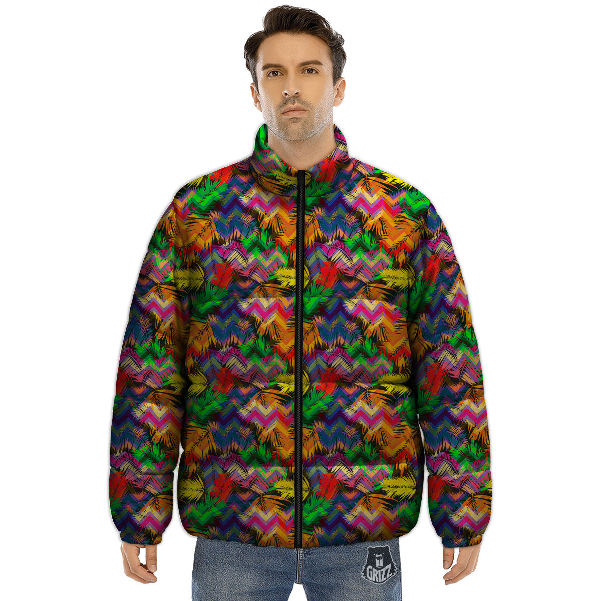 Psychedelic Zigzag Tropical Print Pattern Puffer Jacket-grizzshop
