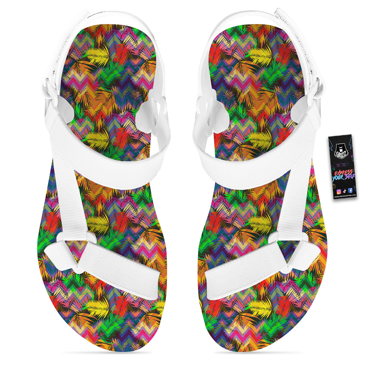 Psychedelic Zigzag Tropical Print Pattern White Open Toe Sandals-grizzshop