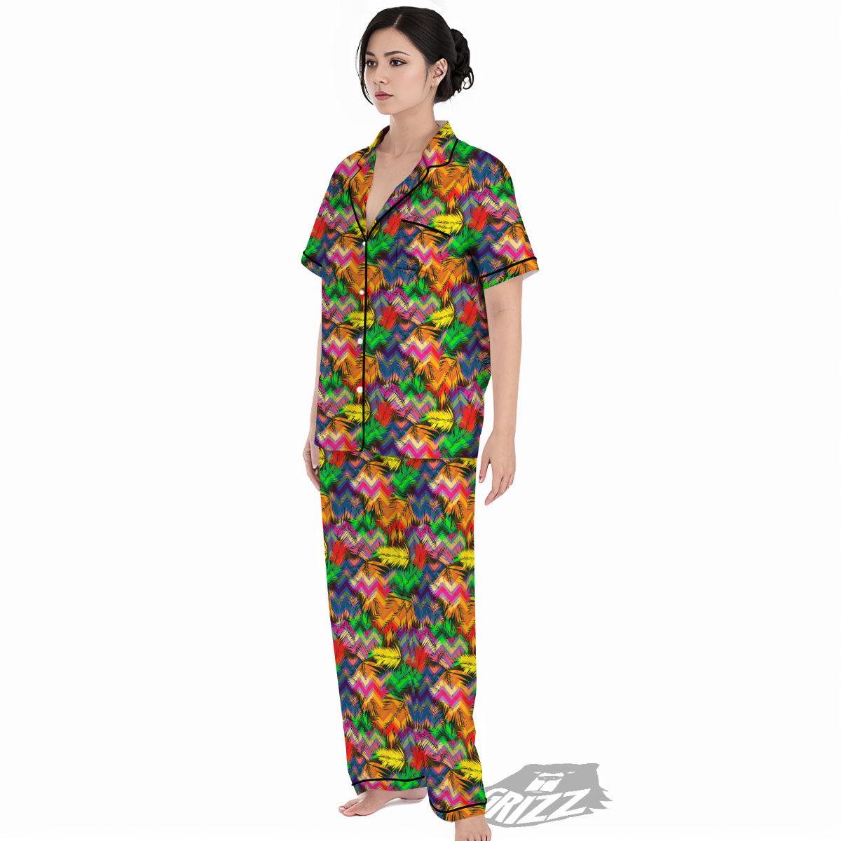 Psychedelic Zigzag Tropical Print Pattern Women's Pajamas Set-grizzshop