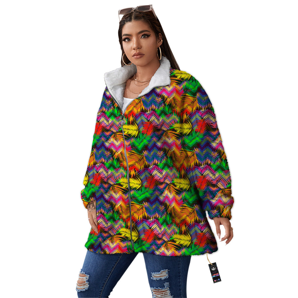 Psychedelic Zigzag Tropical Print Pattern Women's Sherpa Jacket-grizzshop