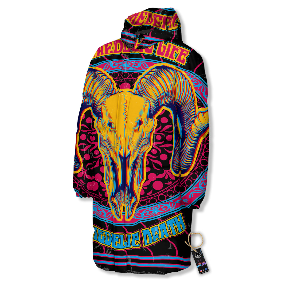 Psychedelic And Ram Skull Print Long Down Jacket