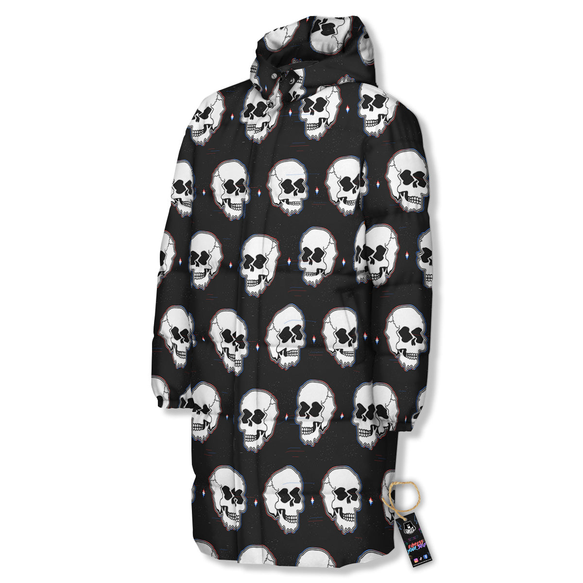 Psychedelic Skull Glitch Print Pattern Long Down Jacket