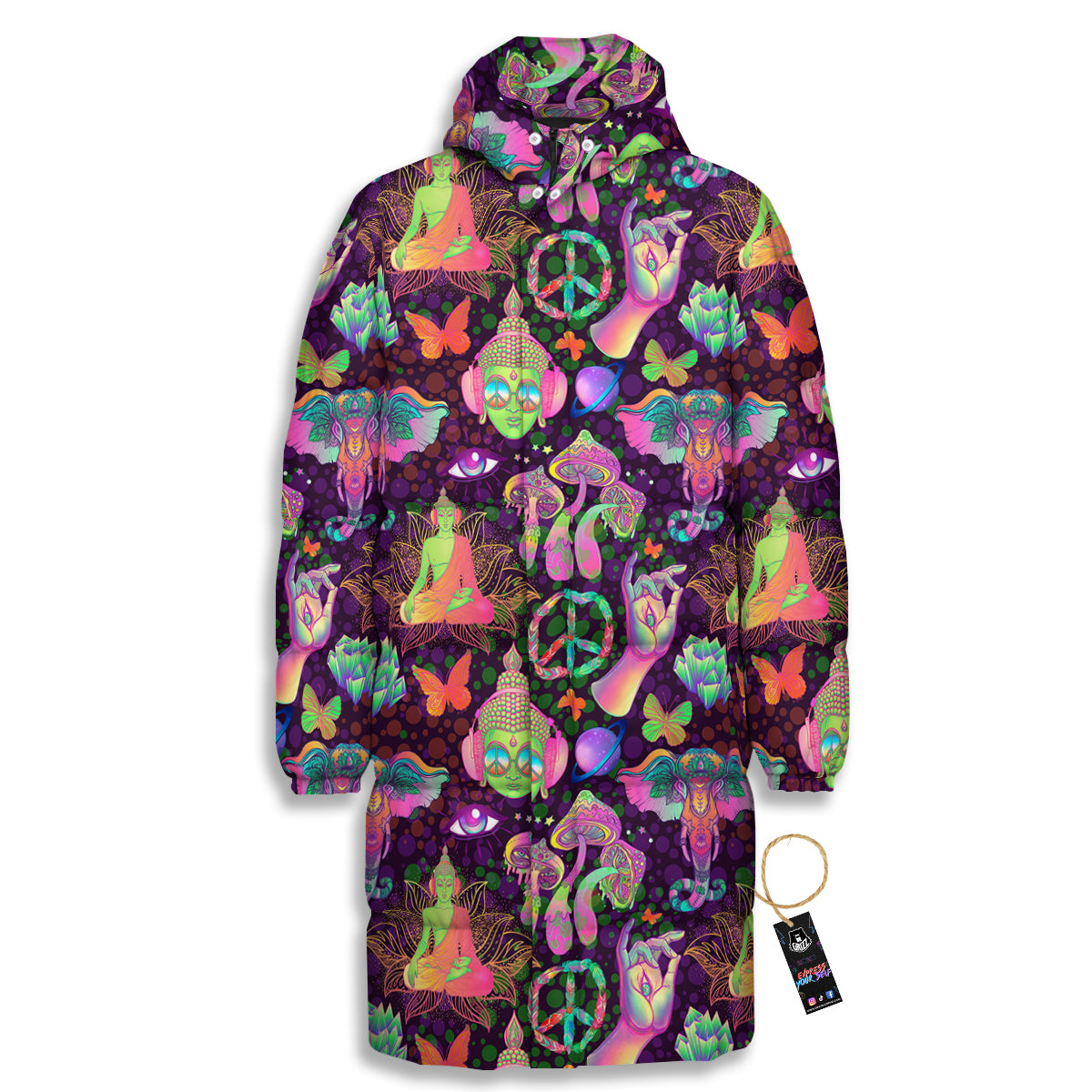 Psychedelic Trippy Drug Cartoon Print Pattern Long Down Jacket