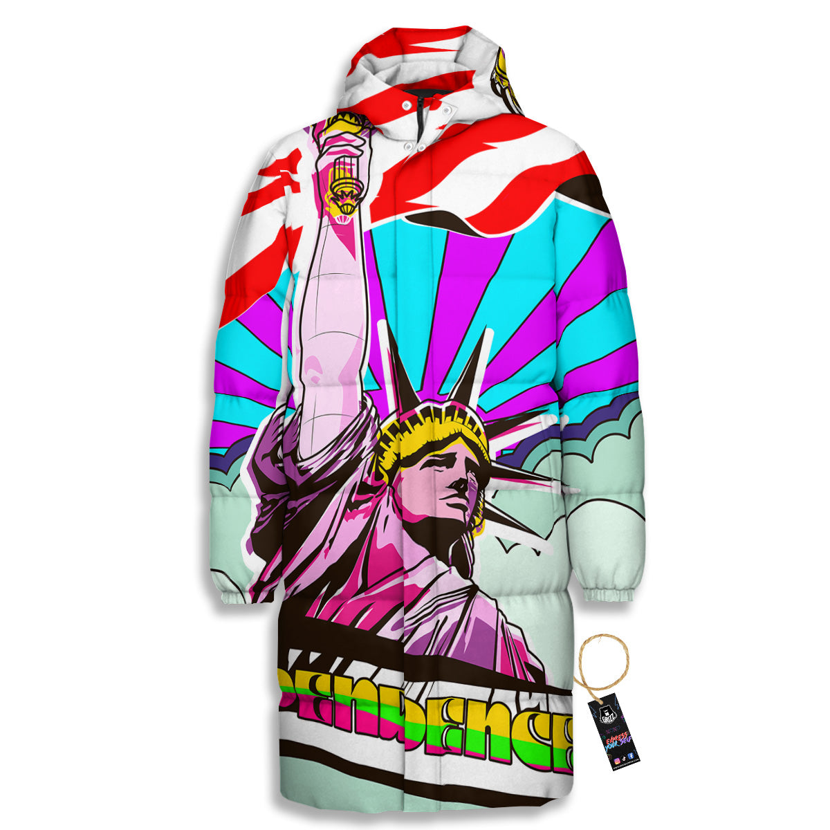 Psychedelic USA Statue of Liberty Independence Day Print Long Down Jacket