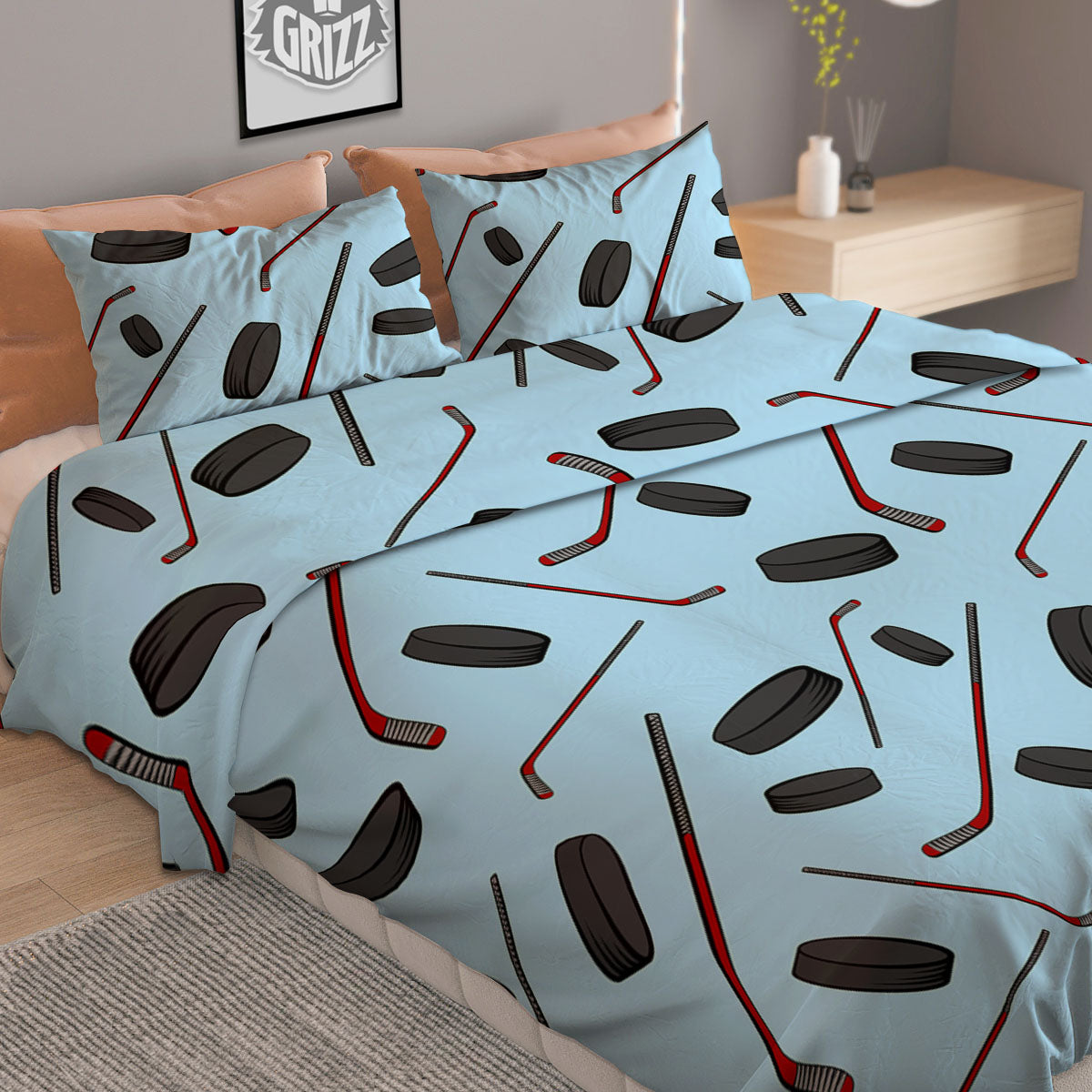 Puck And Hockey Stick Print Pattern Duvet Cover Bedding Set