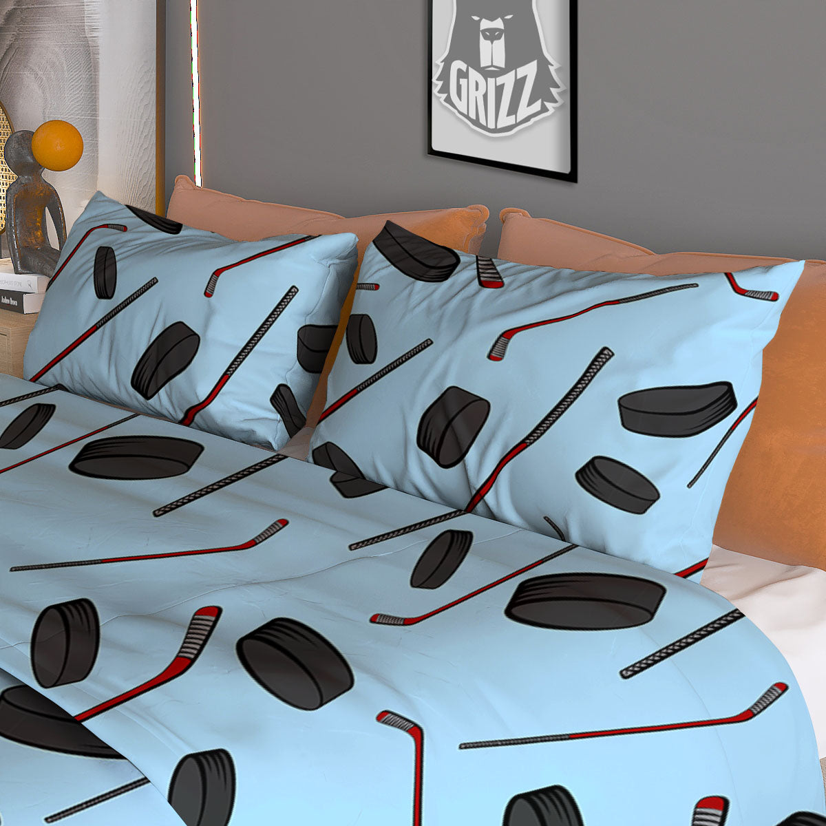 Puck And Hockey Stick Print Pattern Duvet Cover Bedding Set