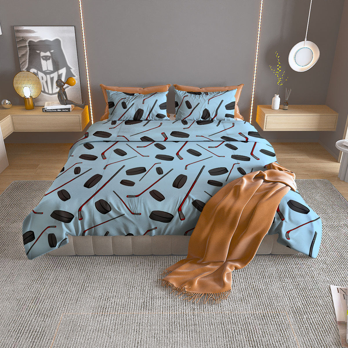 Puck And Hockey Stick Print Pattern Duvet Cover Bedding Set