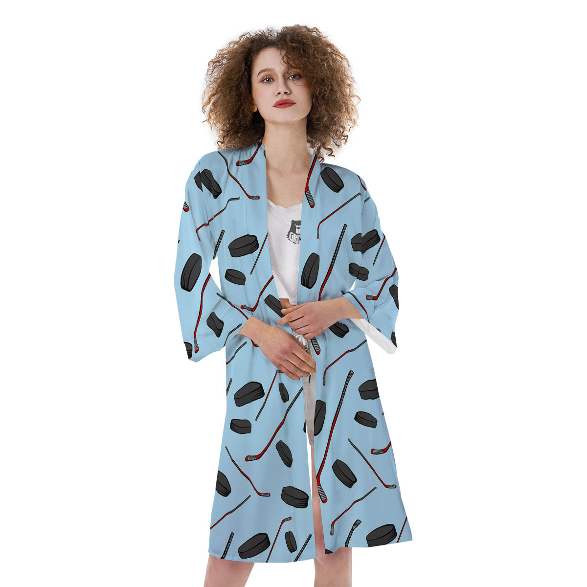Puck And Hockey Stick Print Pattern Kimono-grizzshop