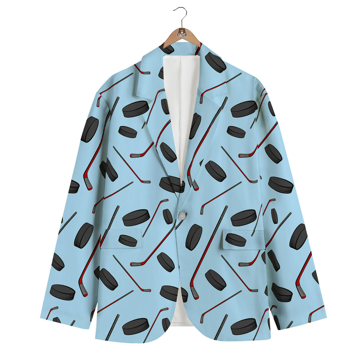 Puck And Hockey Stick Print Pattern Men's Blazer-grizzshop