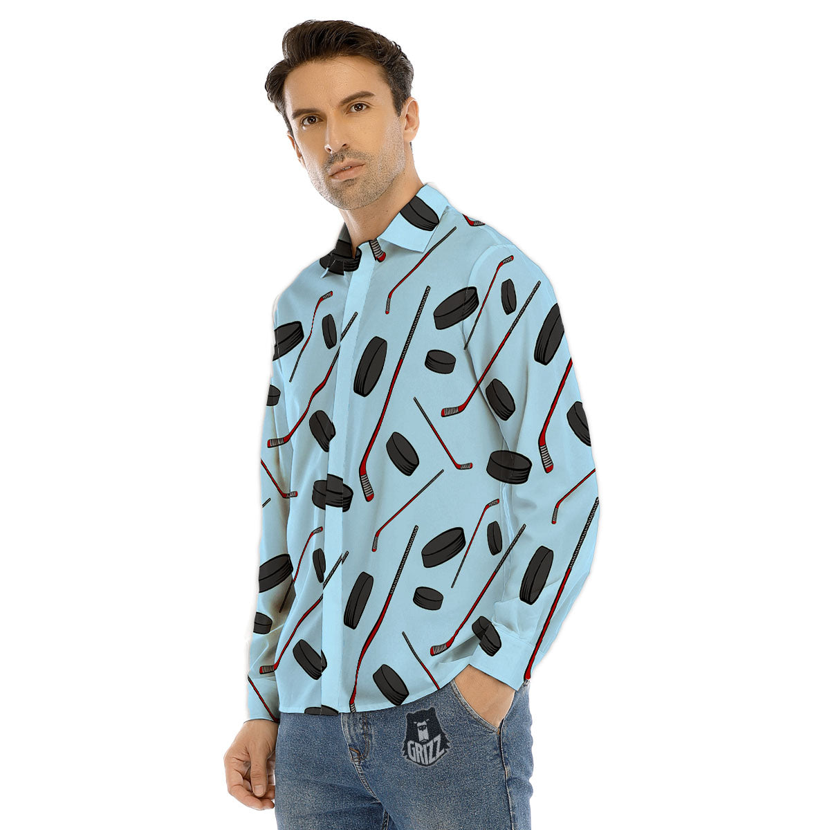 Puck And Hockey Stick Print Pattern Men's Dress Shirts-grizzshop