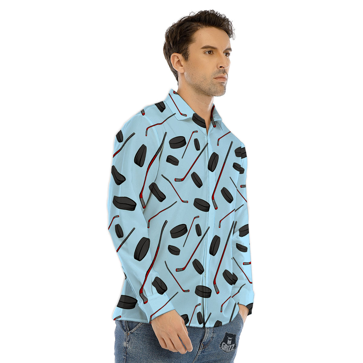 Puck And Hockey Stick Print Pattern Men's Dress Shirts-grizzshop