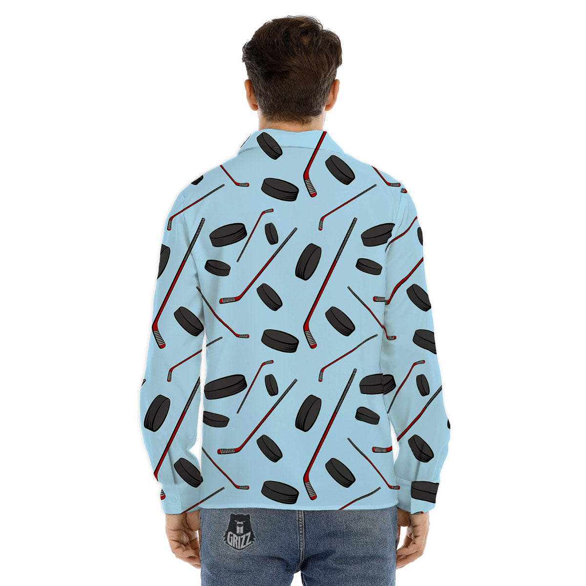 Puck And Hockey Stick Print Pattern Men's Dress Shirts-grizzshop