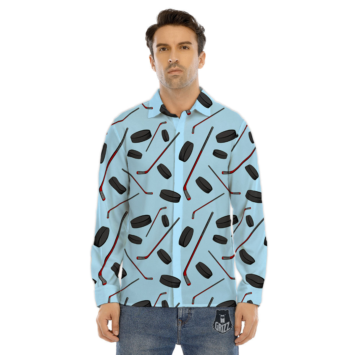 Puck And Hockey Stick Print Pattern Men's Dress Shirts-grizzshop