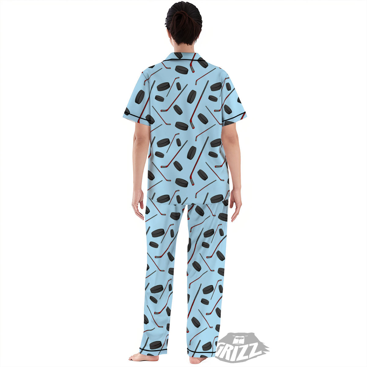 Puck And Hockey Stick Print Pattern Women's Pajamas Set-grizzshop