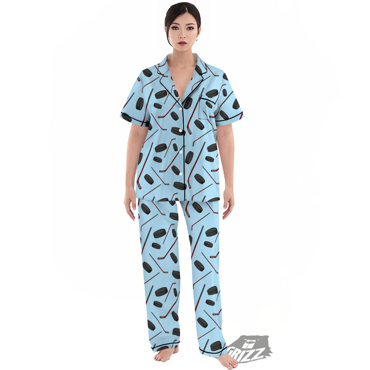 Puck And Hockey Stick Print Pattern Women's Pajamas Set-grizzshop