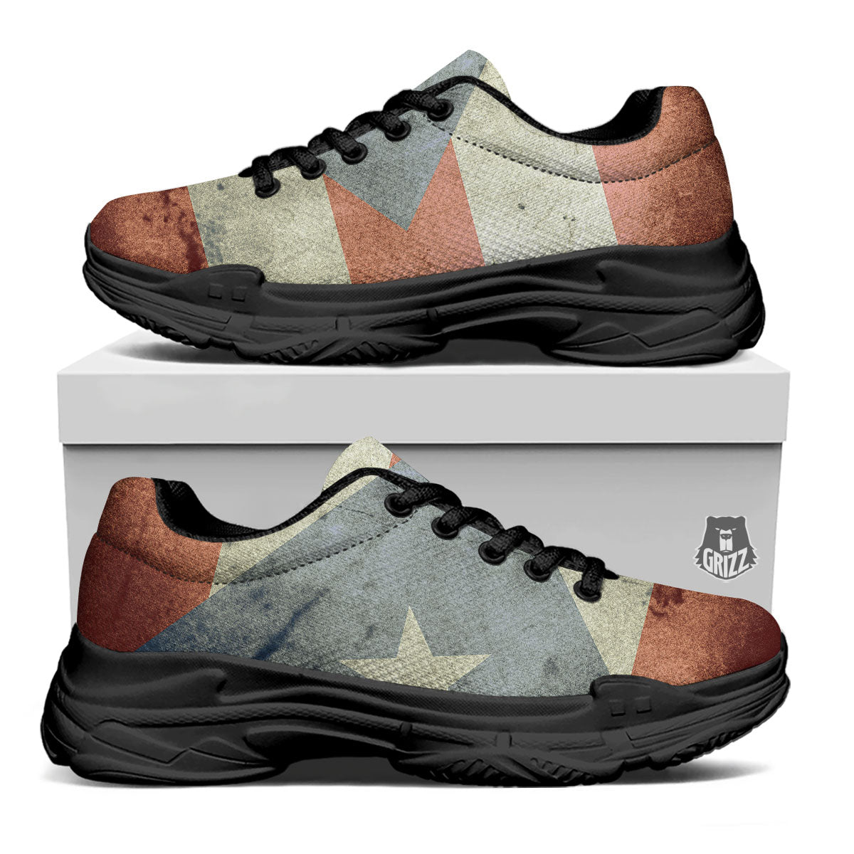 Puerto Rican Flag Grunge Print Black Chunky Shoes-grizzshop