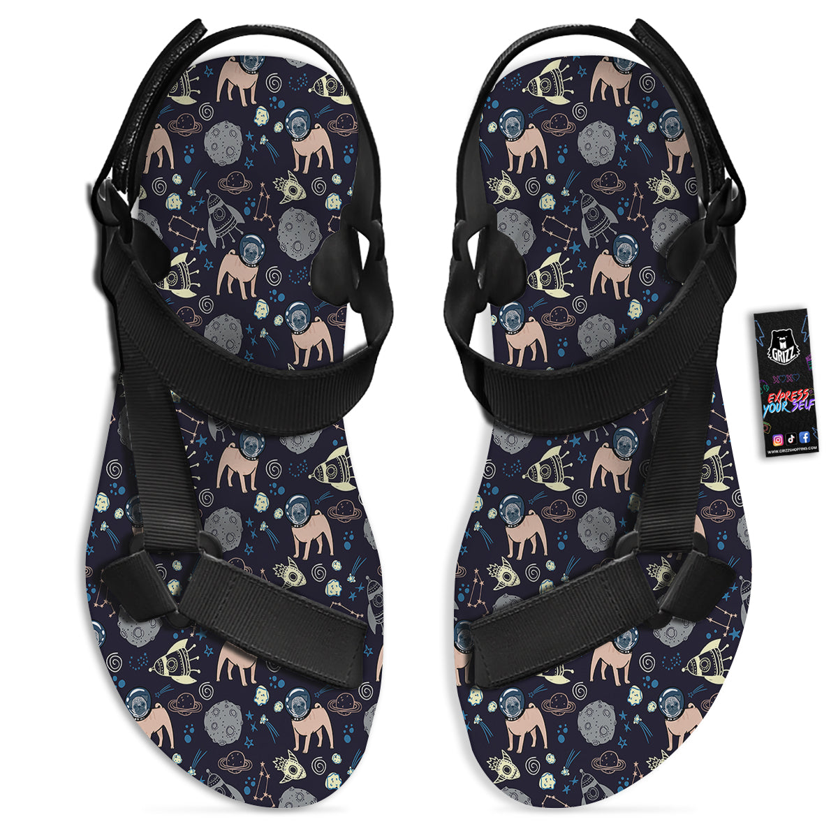 Pug And Astronaut In The Space Print Pattern Black Open Toe Sandals-grizzshop