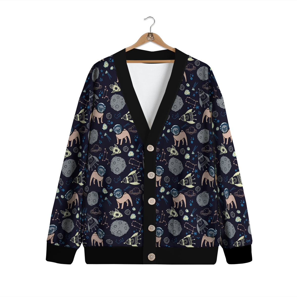 Pug And Astronaut In The Space Print Pattern Cardigan-grizzshop