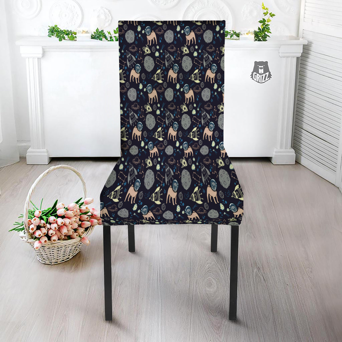Pug And Astronaut In The Space Print Pattern Dining Chair Slipcover-grizzshop